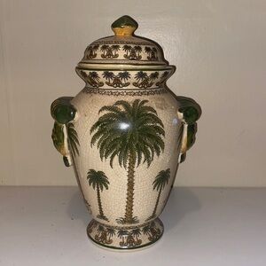 Vintage Palm Tree Urn l/ Vase /Jar Lidded Tapered Ceramic Beige Crackle Pattern